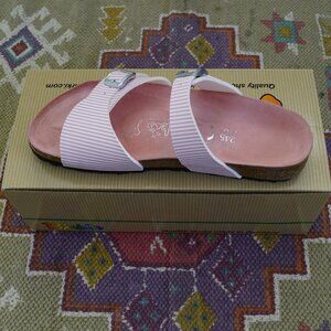 Birki's Aziza Pink & White Striped Genuine Leather German Sandals, Size 7